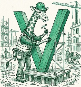 A giraffe in a hard hat hammering together a letter V on a building site